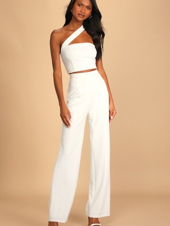 Lulus Pants - Lulus Flaunt It Like That White One-shoulder Two-piece Jumpsuit - Size XS